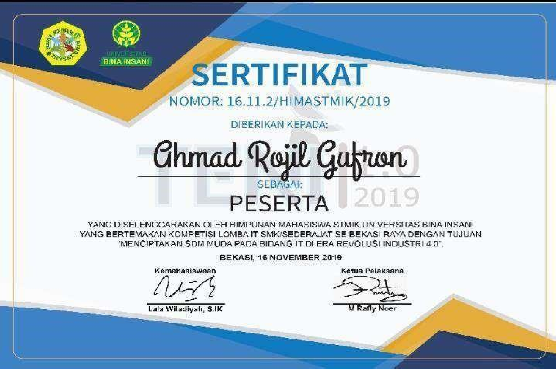 Sertifikat PKL Universitas Bhayangkara Jakarta Raya