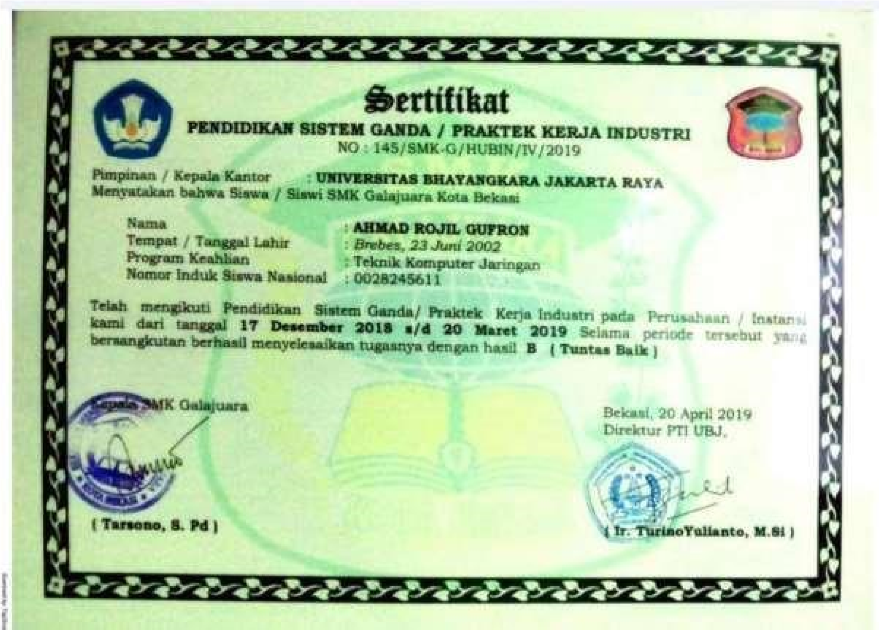Sertifikat PKL Universitas Bhayangkara Jakarta Raya