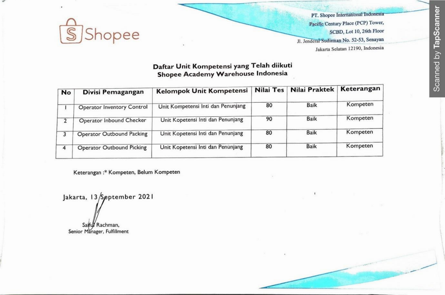 Sertifikat PKL Universitas Bhayangkara Jakarta Raya