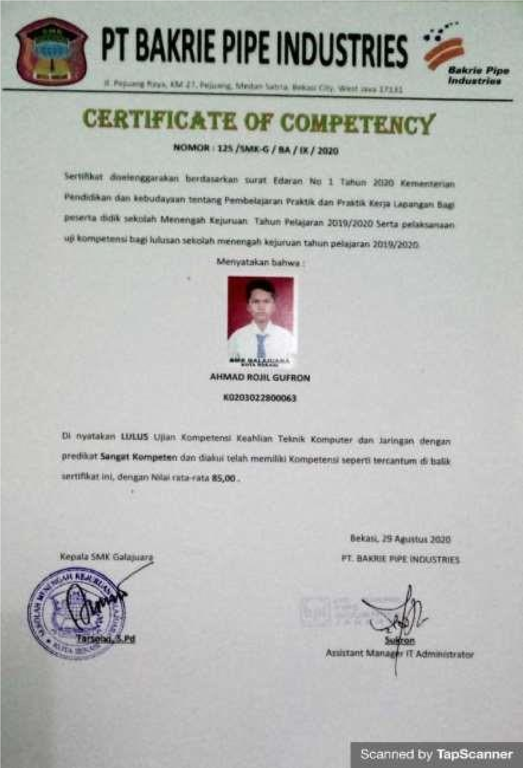 Sertifikat PKL Universitas Bhayangkara Jakarta Raya